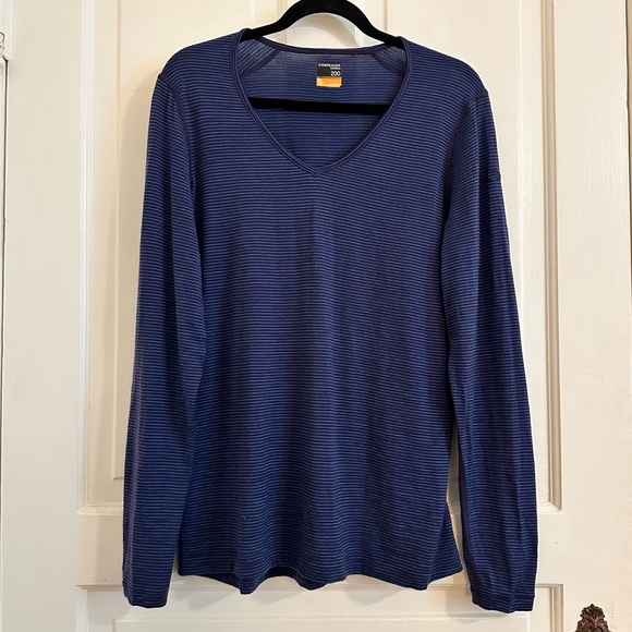 Icebreaker Merino 200 Oasis Long Sleeve Crewe V-Neck Thermal Top Blue Stripe XL - Picture 1 of 4
